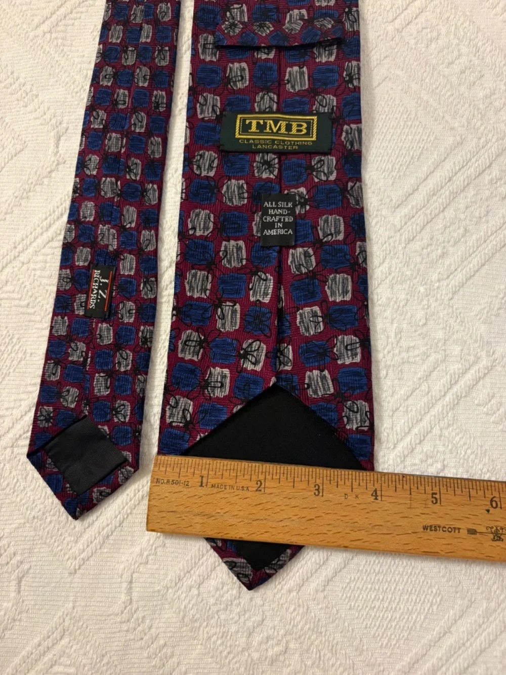 Vintage TMB Classic Clothing Hand-Crafted Silk Geometric Tie Burgundy Blue